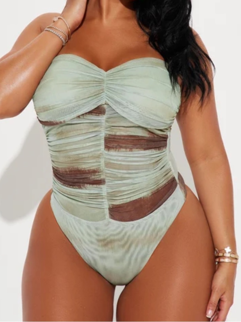 Sage Green Ruched One-Piece with Dark Accent